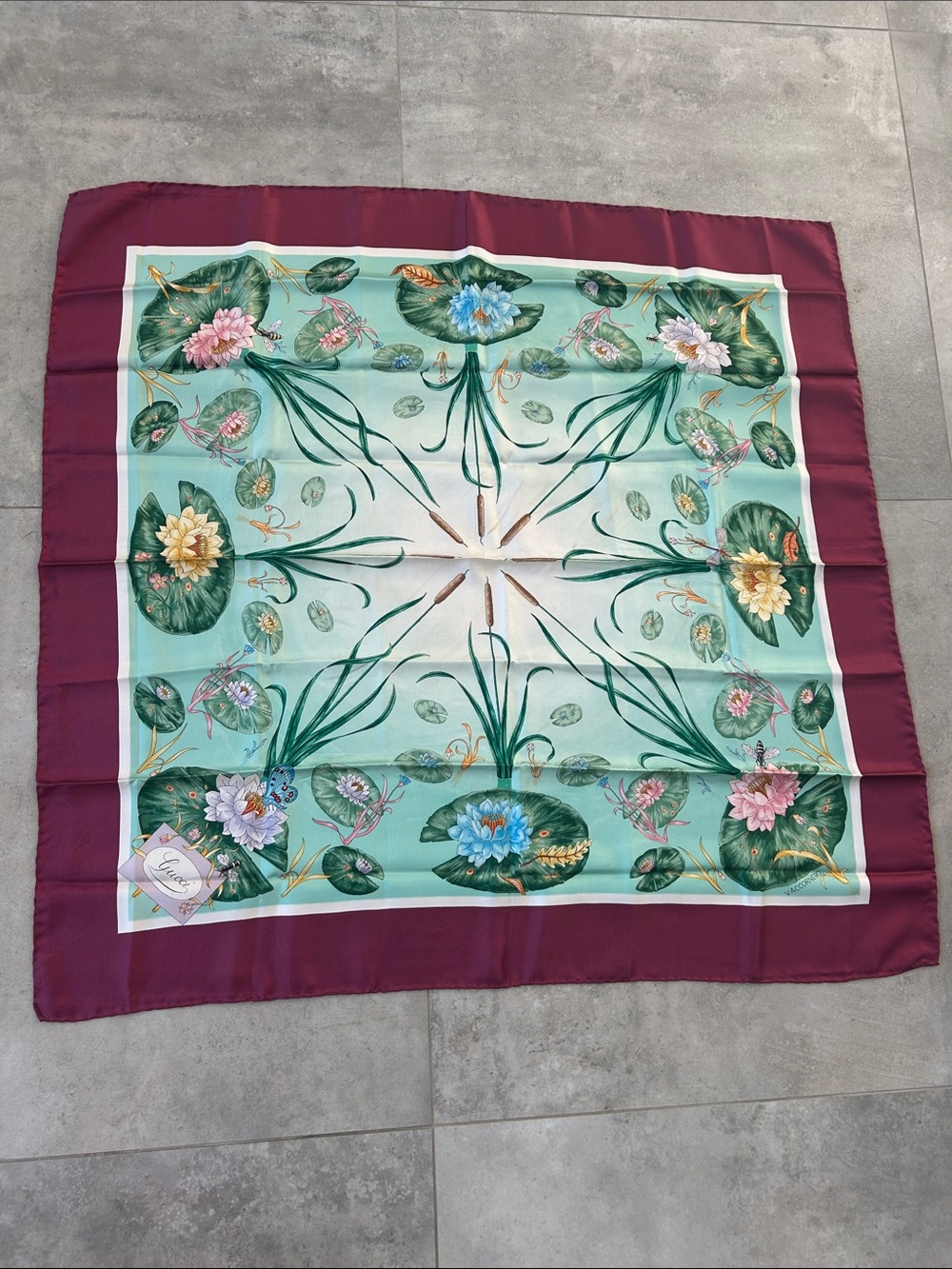 Gucci Water Lily Silk Scarf by V.Accornero- Mint Green, Pink & Burgundy